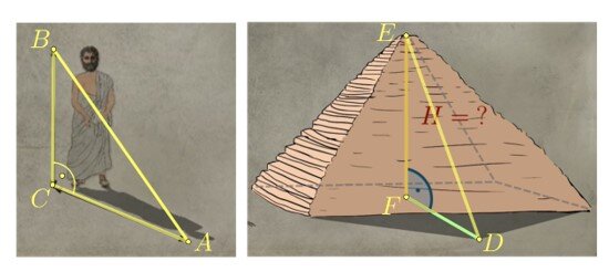 Ilustracja składa się z dwóch części. Część lewa przedstawia mężczyznę w todze, na którego naniesiono trójkąt prostokątny A B C w taki sposób, że pionowy bok B C to wysokość mężczyzny, natomiast podstawa C A pokrywa się z cieniem rzucanym przez postać. Prawa część ilustracji przedstawia piramidę, na którą naniesiono trójkąt prostokątny E F D tak, że punkt E pokrywa się z wierzchołkiem piramidy. Pionowy odcinek E F jest wysokością bryły, natomiast punkt D pokrywa się z końcowym punktem cienia rzucanego przez piramidę, czyli podstawa trójkąta F D biegnie od środka bryły i przez całą długość cienia.