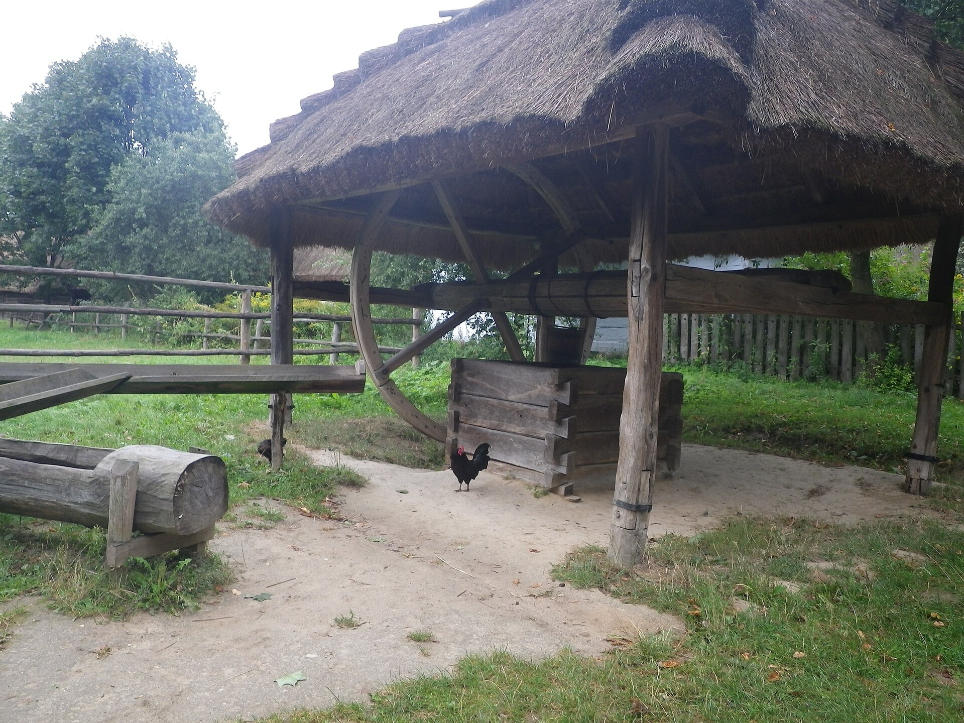 Zdjęcie przedstawia przydomową tradycyjną chłopską studnię. Obok studni koło. Zadaszenie nad studnią pokryte strzechą. 
