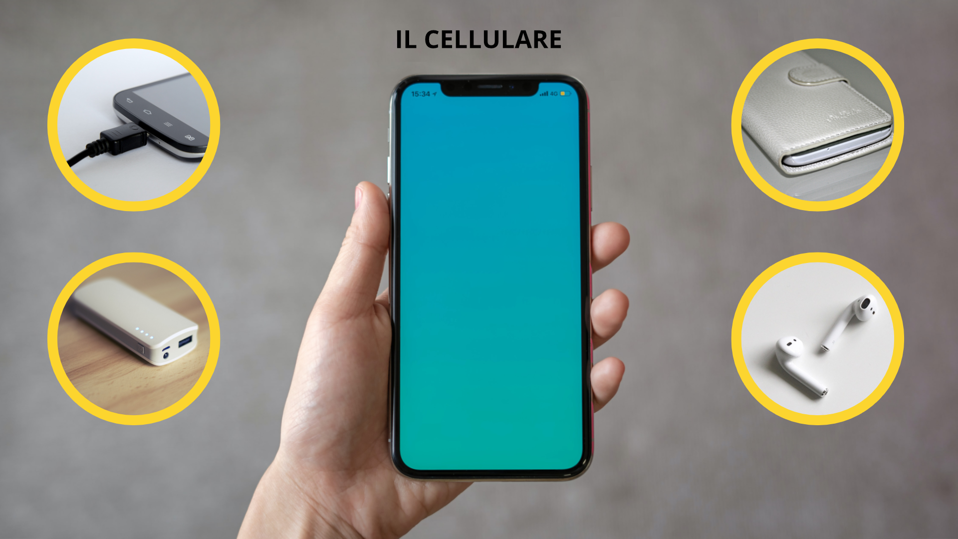 Zdjęcie przedstawia telefon komórkowy typu smartfon. Na telefonem znajduje się napis: il cellulare. Po prawej i po lewej stronie telefonu na zdjęciu widoczne są  cztery małe, okrągłe zdjęcia, które przedstawiają akcesoria. Małe zdjęcia przedstawiają: kabel od ładowarki, powerbank, etui na telefon i słuchawki bezprzewodowe.