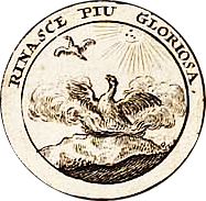 Czarno‑białe zdjęcie przedstawia XVII‑wieczny emblemat, wyobrażający Feniksa, mitycznego ptaka symbolizującego słońce i wieczne odrodzenie. Na wzgórzu siedzi wielki ptak, wyłaniający się z ogniska. Z prawej strony świeci słońce. Na niebie leci ptak. W okręgu znajduje się napis po włosku:  Rinasce piu gloriosa, co oznacza „Odrodzi się tym wspanialszy”.