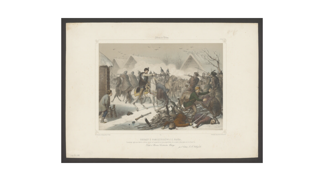 Obraz przedstawia pole bitwy. Widać na nim licznie leżące ciała. W centralnej części obrazu znajduje się dwóch mężczyzn na koniach. Jeden trzyma w dłoni szablę, drugi krucyfiks. Za ich plecami trwa walka konnicy.