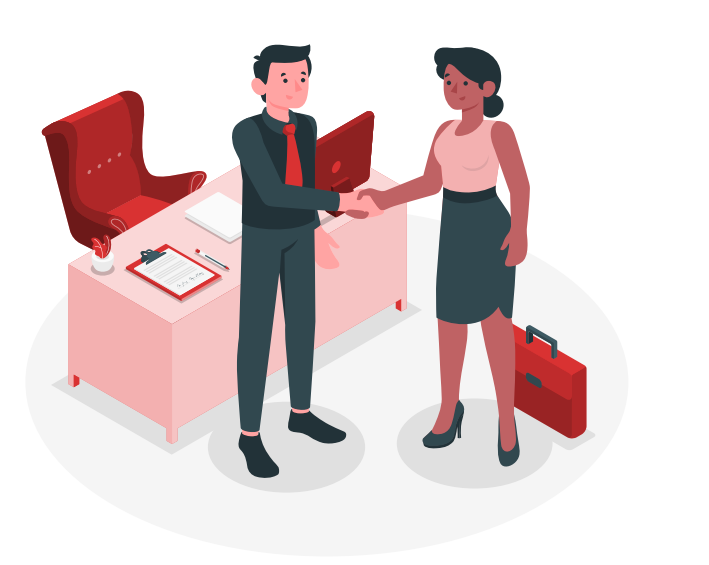 Ilustracja przedstawia kobietę i mężczyznę witających się uściskiem dłoni. Mężczyzna stoi koło biurka na którym jest laptop, notatki. Jest też duży fotel. Obok kobiety na podłodze stoi aktówka.  