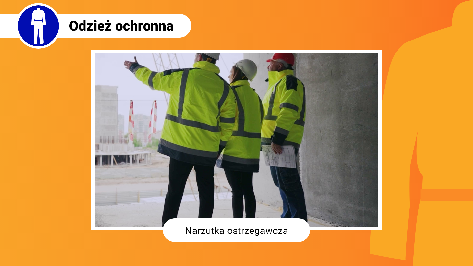 Zdjęcie w ramce z podpisem: narzutka ostrzegawcza. Przedstawia trzy osoby w narzutkach ostrzegawczych. To luźne, jaskrawożółte kurtki z odblaskowymi pasami kontrastowymi. 