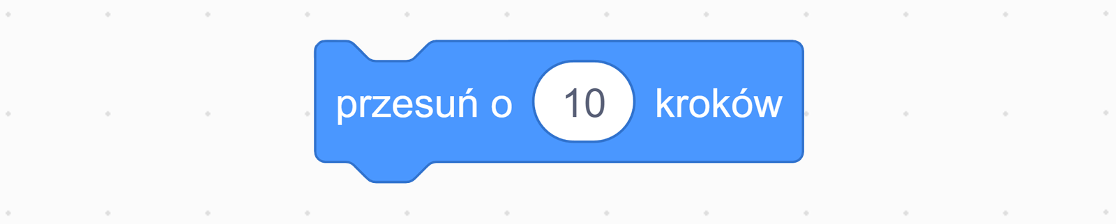 Na ekranie znajduje się klocek z kategorii ruch z napisem 'przesuń o dziesięć kroków'.