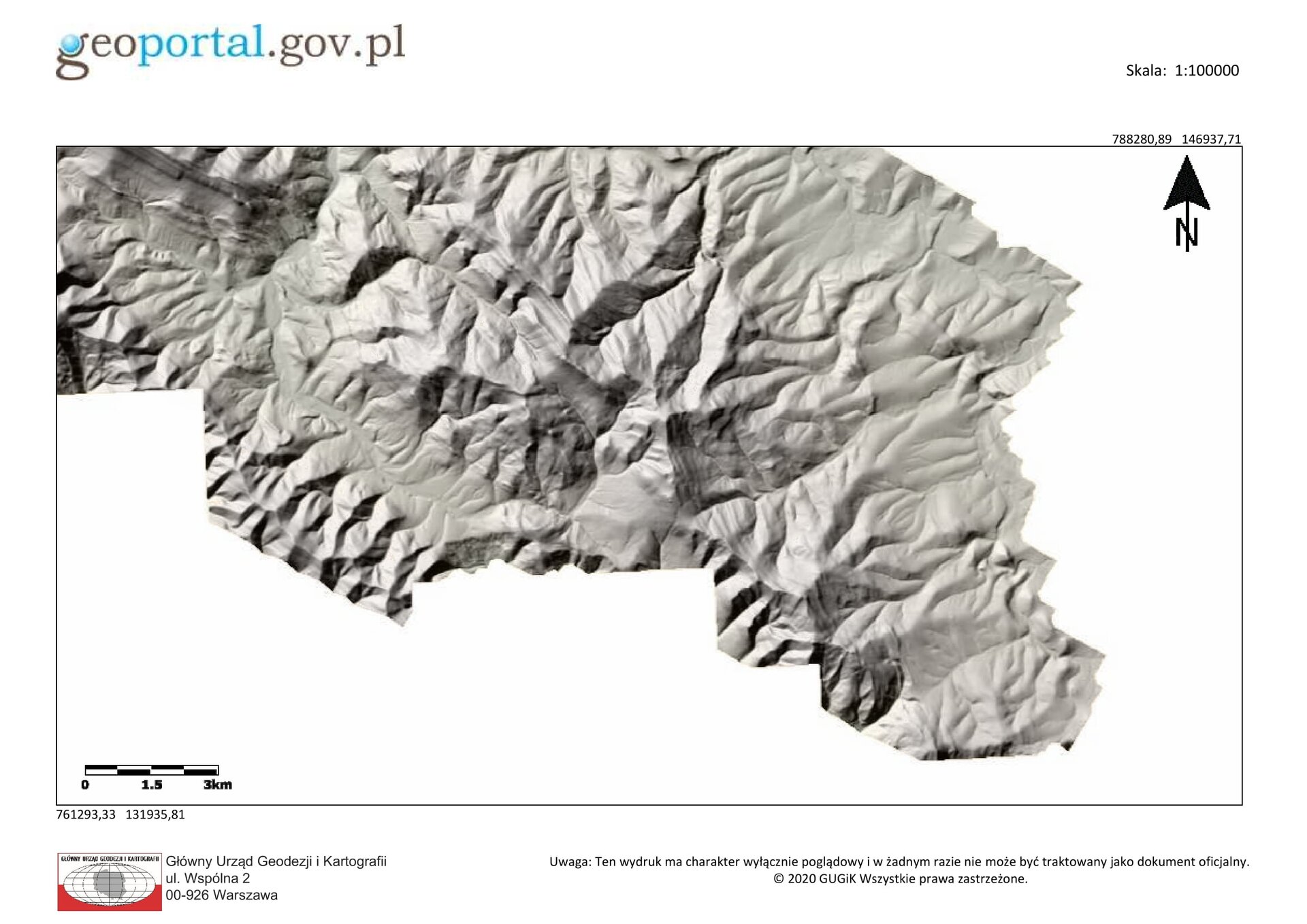 Mapa pochodząca z geoportalu. Przedstawia obszar Bieszczad. Jest to mapa przedstawiająca rzeźbę terenu za pomocą cieniowania. 