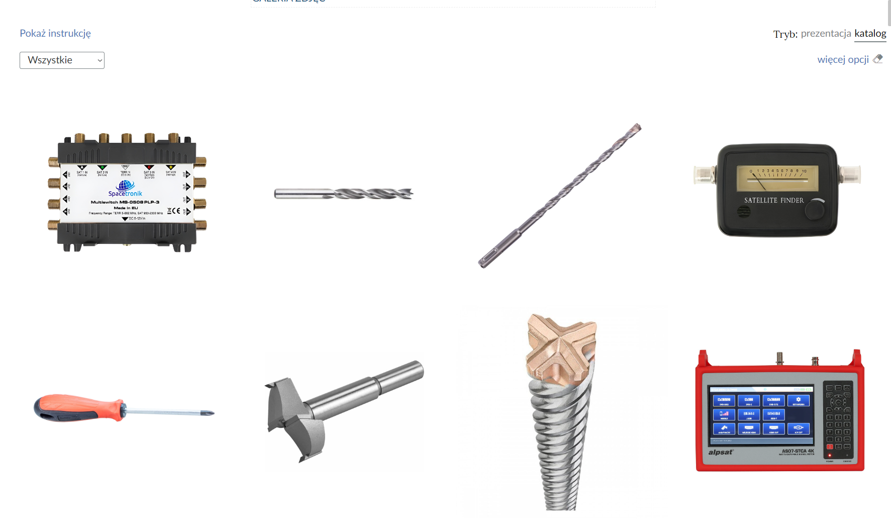 Ilustracja przedstawia katalog narzędzi niezbędnych do wymiany multiswitcha w instalacji satelitarnej. Grafiki ułożone są w kilku rzędach kafelek obok kafelka. Powyżej widać pole, dzięki któremu można posortować grafiki ze względu na kategorie.
