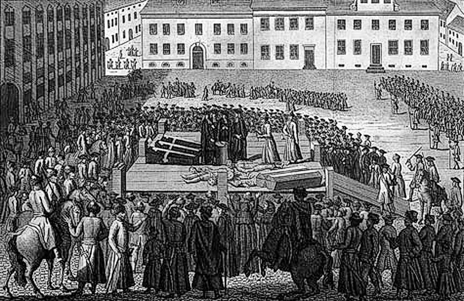 Ilustracja przedstawia egzekucję protestantów w Toruniu w 1724 roku. Czarno‑biała rycina pokazuje sytuację odbywającą się na rynku, gdzie na podwyższeniu zabijano ludzi. Wokół zgromadzony jest tłum.