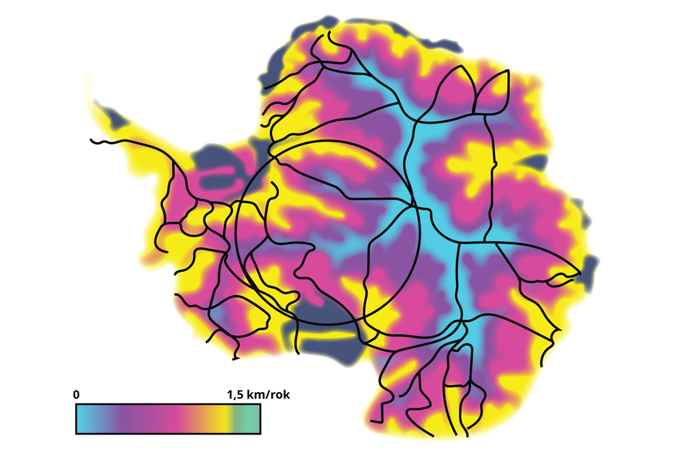 Ilustracja ukazuje prędkość ruchu lądolodu Antarktydy. Prędkość zaznaczono na skali od zera do 1,5 kilometra na rok. Prędkość ruchu lądolodu jest największa na obrzeżach. We wnętrzu prędkość jest najmniejsza.  