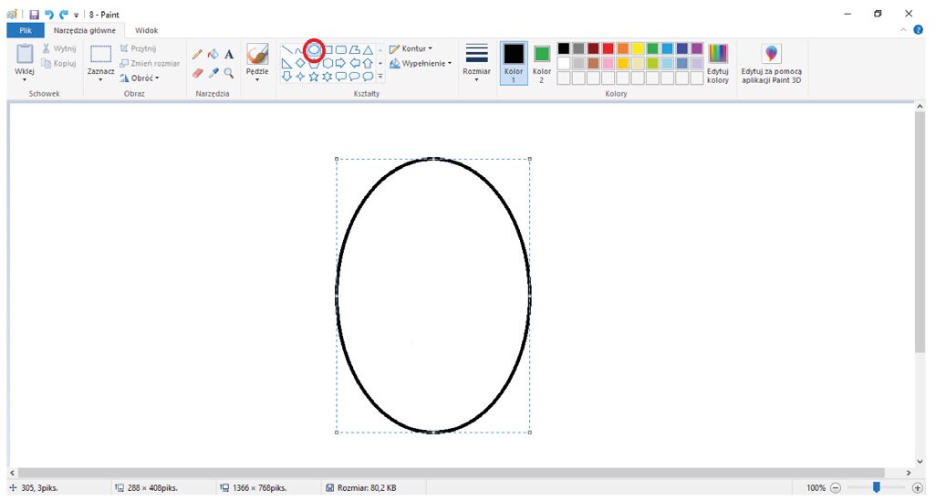 Zrzut ekranu z rozwiniętą zawartością edytora programu Paint (w tym: Obraz, Narzędzia, Kształty, Kolory). Ikonka Kształty (owal) zakreślona czerwonym kółkiem. W edytorze narysowany owal. 