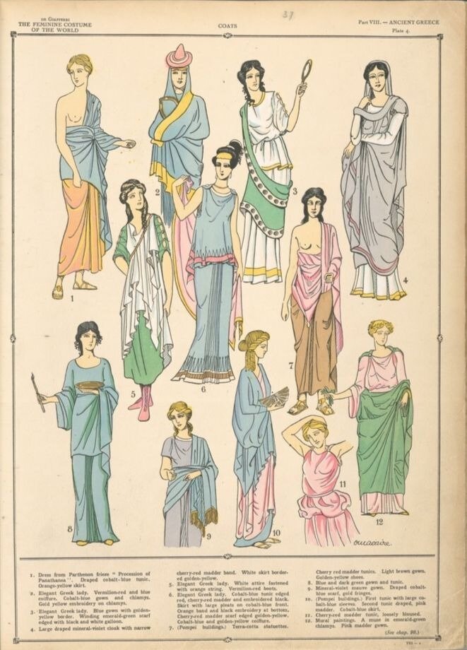 Ilustracja przedstawia kobiety w różnorodnych strojach z czasów starożytnej Grecji.