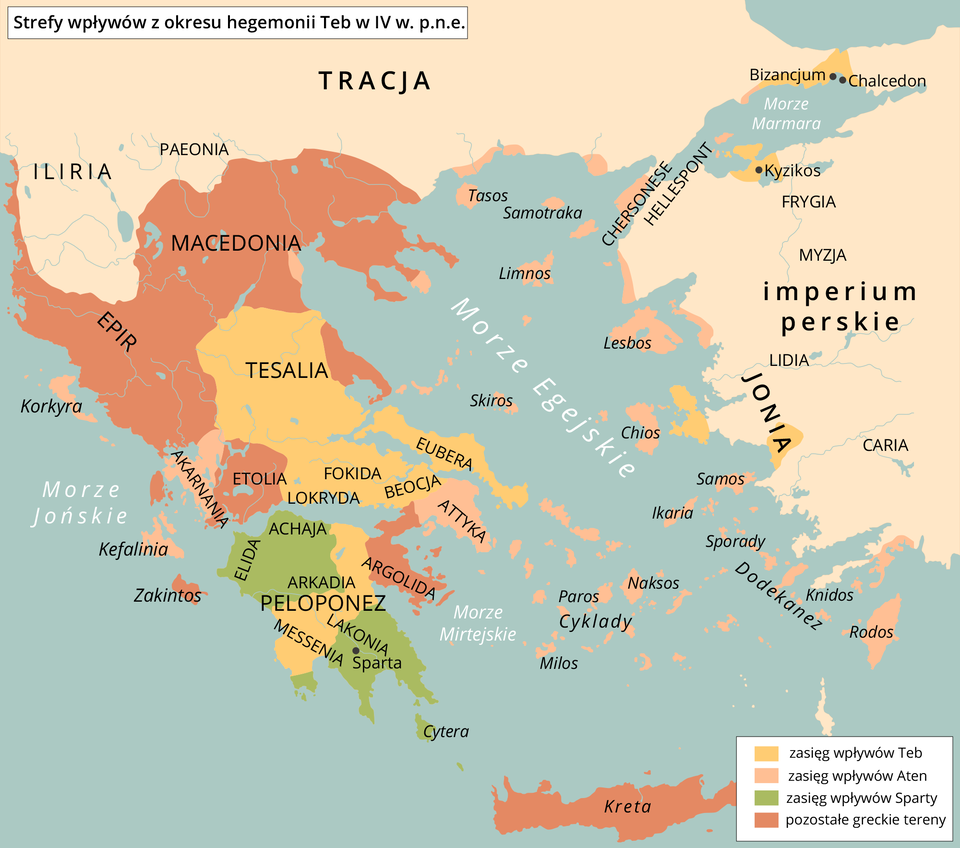  Strefy wpływów z okresu hegemonii Teb w IV w. p.n.e. Wymień krainy, które znalazły się w strefie wpływów Teb. 