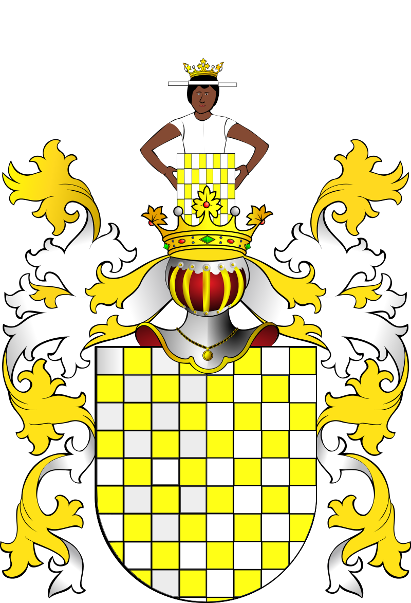 Ilustracja przedstawia herb szlachecki. Jego tarczę stanowi złoto‑srebrna szachownica. U góry opiera się o nią hełm rycerski w koronie. Przyłbica hełmu jest opuszczona. Nad koroną umieszczony jest czarnoskóry, młody mężczyzna trzymający szachownicę. Jest ubrany w srebrną szatę. Jego czoło zdobi wąska opaska. Na głowie ma koronę.