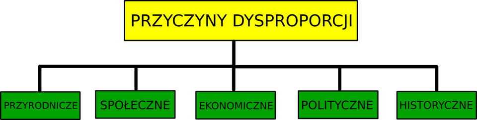 Ilustracja przedstawia schemat, na którym wymieniono przyczyny dysproporcji - przyrodnicze, społeczne, ekonomiczne, polityczne, historyczne. 