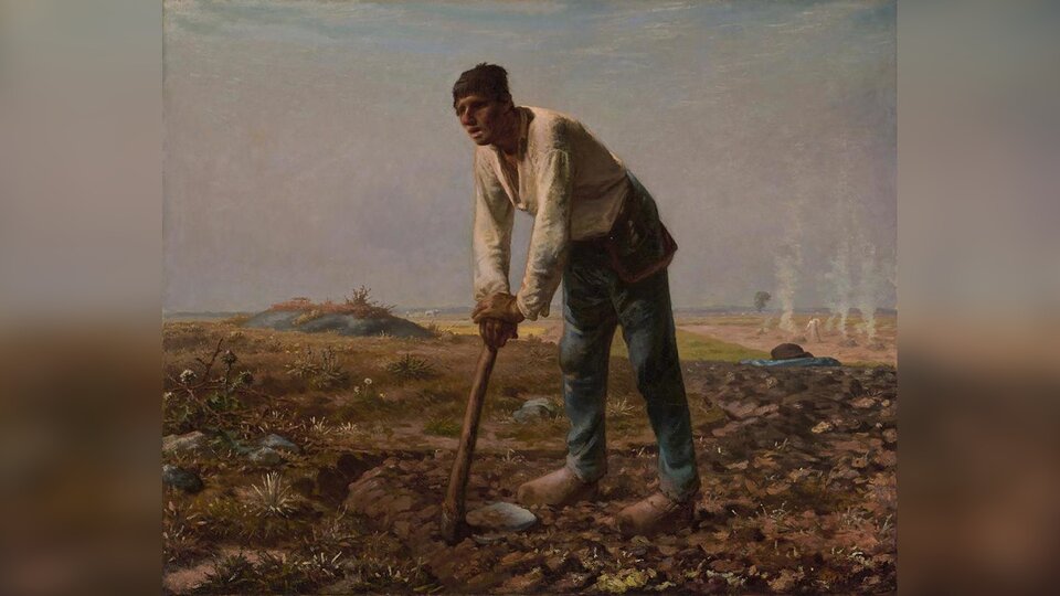 Obraz przedstawia chłopa wspartego na motyce, w polu. Mężczyzna jest przygarbiony.