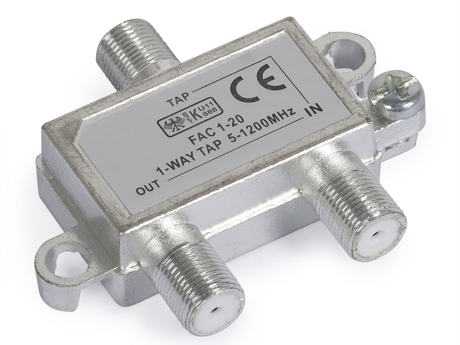 Ilustracja przedstawia odgałęźnik TV 1‑krotny FAC‑1-20 dB (5‑1000 MHz). To urządzenie służące do podziału sygnału antenowego w sieciach telewizyjnych. To niewielkie, płaskie urządzenie. Posiada dwa wejścia na jednym dłuższym boku i jedno na przeciwnym. Na wierzchu widoczne są oznaczenia dotyczące tłumienia w decybelach, liczby wejść i zakresie częstotliwości w megahercach.