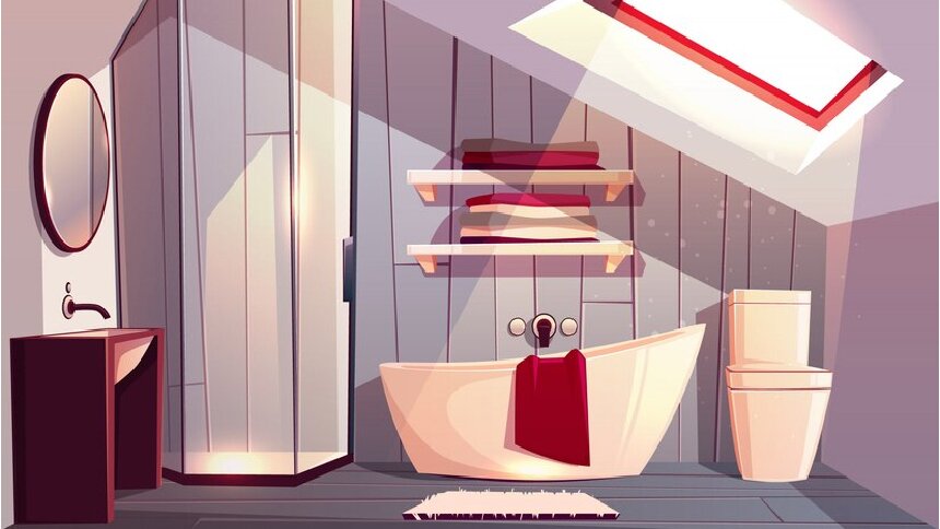 Grafika przedstawia przykładowy węzeł higieniczno‑sanitarny w obiektach noclegowych. Od lewej widoczna jest umywalka z szafką, nad którą wisi okrągłe lustro. Na prawo widoczna jest biała wanna, z przewieszonym na brzegu czerwonym ręcznikiem. Nad wanną, na ścianie widoczne są dwie półki z poukładanymi ręcznikami, przed wanną mały prostokątny dywanik łazienkowy. Na prawo widoczna jest biała muszla klozetowa. U góry po prawej widoczne jest oknow dachowe.