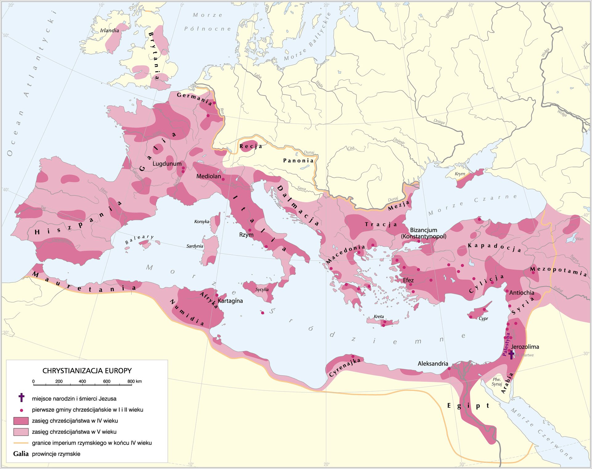 Grafika mapy przedstawiającej Chrystianizację Europy.