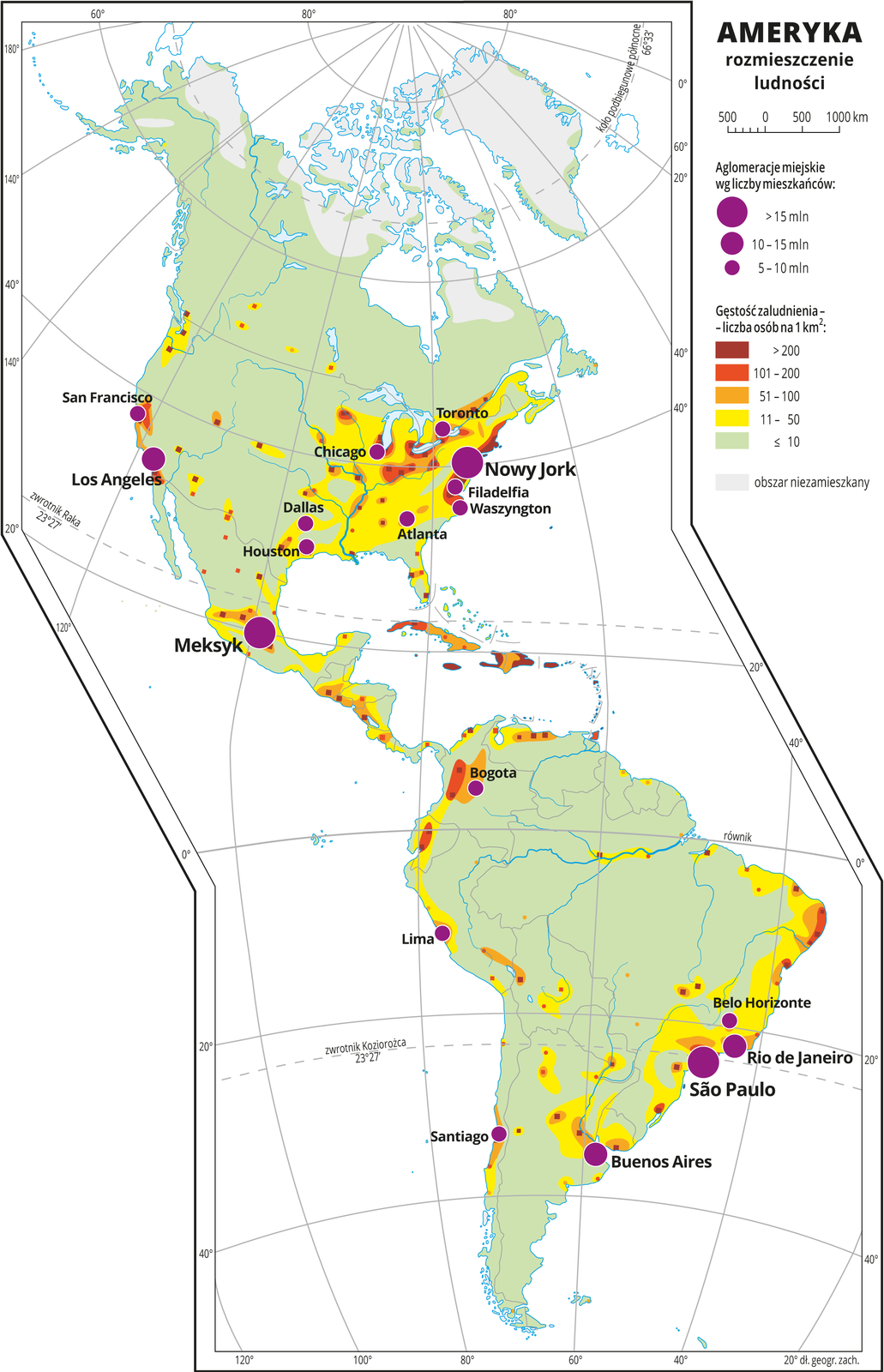 Ilustracja przedstawia mapę rozmieszczenia ludności w Ameryce Północnej i Ameryce Południowej. W legendzie umieszczono i opisano kolory użyte na mapie. Największą fioletową kropką oznaczono aglomeracje miejskie z liczbą ludności powyżej piętnaście milionów. Średnią fioletową kropką oznaczono aglomeracje miejskie z liczbą ludności od dziesięciu do piętnastu milionów. Najmniejszą fioletową kropką oznaczono aglomeracje miejskie z liczbą ludności od pięciu do dziesięciu milionów. Obszary o gęstości zaludnienia powyżej dwustu mieszkańców na jeden kilometr kwadratowy oznaczono kolorem brązowym. Obszary o gęstości zaludnienia od stu jeden do dwustu mieszkańców na kilometr kwadratowy oznaczono kolorem pomarańczowym. Obszary o gęstości zaludnienia od pięćdziesięciu jeden do stu mieszkańców na jeden kilometr kwadratowy oznaczono kolorem jasnopomarańczowym. Obszary o gęstości zaludnienia od jedenastu do pięćdziesięciu mieszkańców na jeden kilometr kwadratowy oznaczono kolorem żółtym. Obszary o gęstości zaludnienia dziesięciu i mniej mieszkańców na jeden kilometr kwadratowy oznaczono kolorem szarym. Kolorami od zielonego (w przewadze) przez żółty i pomarańczowy do czerwonego i brunatnego przedstawiono gęstość zaludnienia. Na wschodnich wybrzeżach przeważa kolor żółty (jedenaście do pięćdziesięciu osób na jeden kilometr kwadratowy). Wokół miast, które też przeważnie skupione są w tym rejonie – kolor pomarańczowy do brunatnego oznaczający dużą gęstość zaludnienia powyżej pięćdziesięciu osób na kilometr kwadratowy. Na mapie różnej wielkości sygnatury (koła) obrazujące aglomeracje miejskie wg liczby mieszkańców: São Paulo, Nowy Jork, Meksyk – powyżej piętnastu milionów mieszkańców. Los Angeles, Buenos Aires, Rio de Janeiro – od dziesięciu do piętnastu milionów mieszkańców. Kilkanaście mniejszych sygnatur oznaczających miasta o liczbie mieszkańców od pięciu do dziesięciu milionów mieszkańców. Obszary niezamieszkane na północy Ameryki Północnej – szare. Dookoła mapy w białej ramce opisano współrzędne geograficzne co dwadzieścia stopni. 
