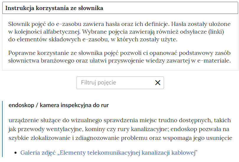 Widok na górną część słownika z polem filtrowania haseł słownika.