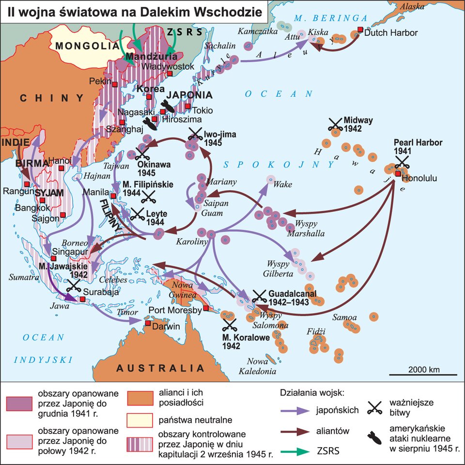 Mapa przedstawia II wojnę światową na Dalekim Wschodzie. Obszary opanowane przez Japonię do grudnia 1941 roku teren Korei Północnej. Obszary opanowane przez Japonię do połowy 1942 roku Tajlandia, Wietnam, Wyspy Indonezji. Alianci i ich posiadłości tereny: Australii, Nowej Gwinei, południe Chin. Państwa neutralne granica Chin z Mongolią. Obszary kontrolowane przez Japonię w dniu kapitulacji 2 września 1945 roku : Birma, Tajlandia, Wietnam oraz tereny wybrzeża Morza Żółtego : Korea, Pekin, Szanghaj. Ważniejsze bitwy: M. Koralowe 1942, Guadalcanal 1942- 1943, Leyte 1944,  M. Jawajskie 1942, M. Filipińskie 1944, Okinawa 1945, Iwo‑jima 1945, Midway 1942, Pearl Harbor 1941. Amerykańskie ataki nuklearne w sierpniu 1945 roku miały miejsce u wybrzeża Japonii. 