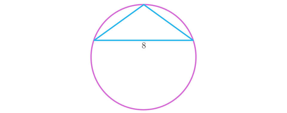 Ilustracja przedstawia trójkąt równoramienny wpisany w okrąg, najdłuższy poziomy bok ma długość osiem.