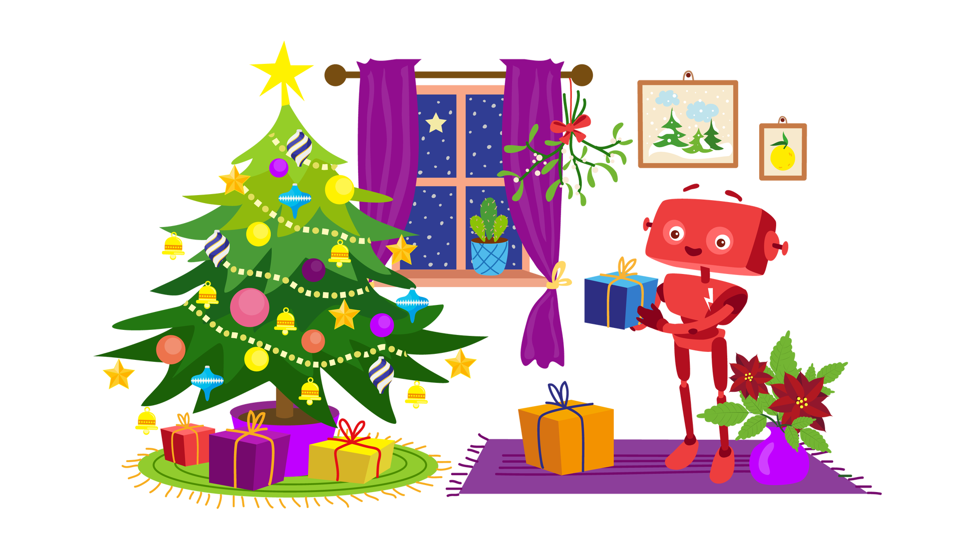 Ilustracja przedstawia salon w domu. W tle widać okno i rozciągające się za nim nocne rozgwieżdżone niebo. Nad oknem wisi ciemnobrązowy karnisz z ciemnofioletowymi zasłonami. Każda z nich jest związana u dołu żółtą wstążką. Na karniszu jest również zawieszona jemioła ozdobiona czerwoną kokardą. Na jasnobrązowym parapecie pod oknem stoi zielony kaktus w niebieskiej donicy w granatową kratę. Na prawo od okna wiszą na ścianie dwa obrazki w brązowych ramkach. Pierwszy z nich przedstawia trzy drzewa iglaste pokryte śniegiem. Nad drzewami widać dwie chmury, z których pada śnieg. Drugi obrazek przedstawia cytrynę z dwoma zielonymi listkami. Po lewej stronie ilustracji leży na podłodze okrągły zielony dywan z pomarańczowymi frędzlami. Stoi na nim duża zielona choinka w fioletowej donicy, ozdobiona kolorowymi bombkami, złotym łańcuchem, gwiazdkami, dzwoneczkami i złotą gwiazdą na czubku. Dookoła choinki leżą trzy prezenty: czerwony z pomarańczową wstążką, ciemnofioletowy z pomarańczową wstążką i żółty z czerwoną wstążką. Po prawej stronie leży na podłodze prostokątny ciemnofioletowy dywan z frędzlami. Stoi na nim pomarańczowy prezent z granatową wstążką po lewej stronie i fioletowy wazon po prawej stronie. W wazonie są dwa duże bordowe kwiaty otoczone dużymi zielonymi liśćmi. Na środku dywanu stoi uśmiechnięty Zgrzytek. Jest to czerwony robot o prostokątnej głowie z krótkimi antenkami zamiast uszu, dwiema rękami i dwiema nogami. Na przedniej części jego tułowia widnieje biały znaczek w postaci błyskawicy. Zgrzytek w wyciągniętych przed siebie rękach trzyma niebieski prezent z pomarańczową wstążką.