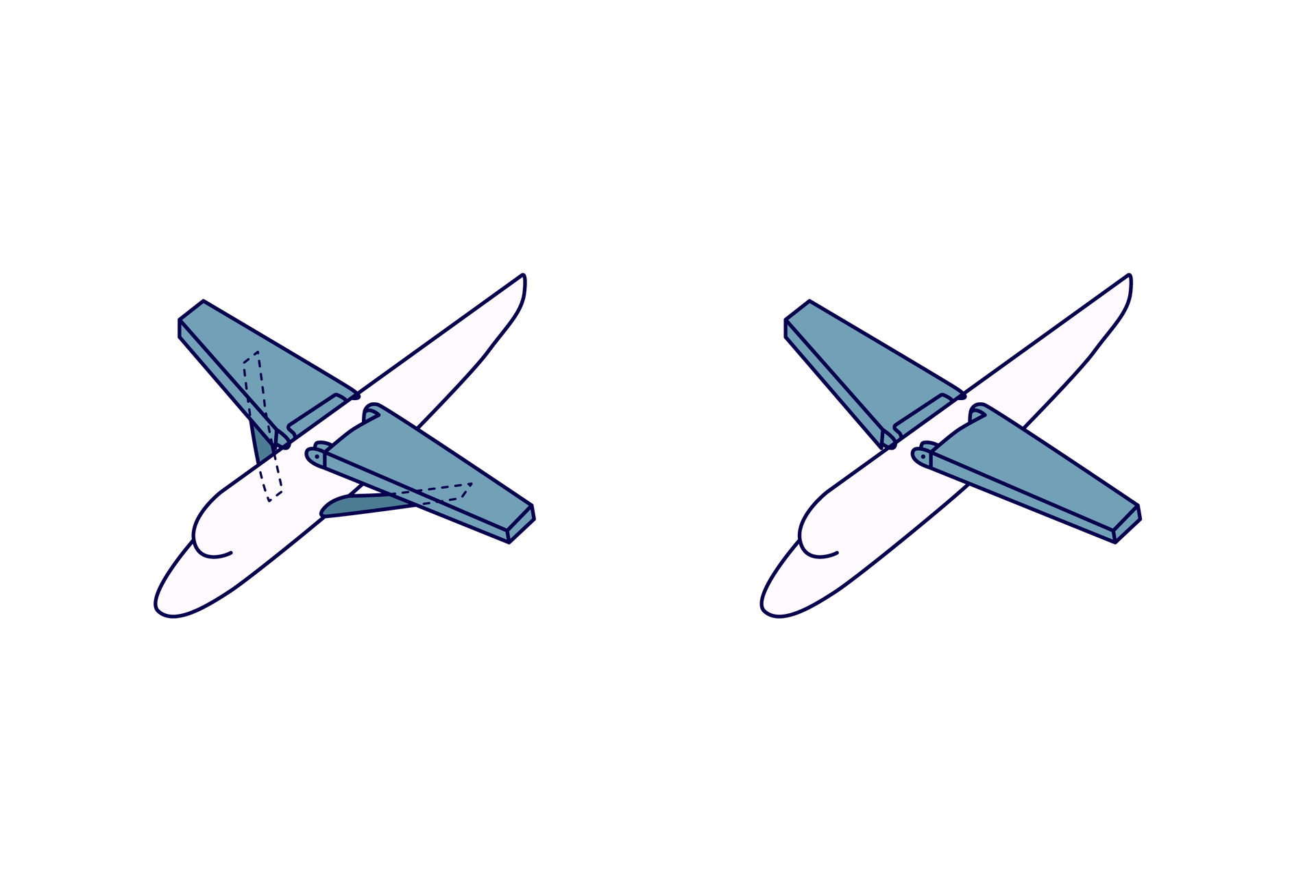 Ilustracja przedstawia dwa sposoby mocowania skrzydła do kadłuba. Na lewej ilustracji pokazany jest sposób mocowania ze skrzydłem zastrzałowym, gdzie podpory umocowane w dolnej części kadłuba podtrzymują skrzydła, zamocowane w górnej części kadłuba. Na prawej ilustracji widać sposób mocowania ze skrzydłem wolnonośnym, gdzie skrzydła zamocowane są w górnej części kadłuba i nie są niczym podtrzymywane.
