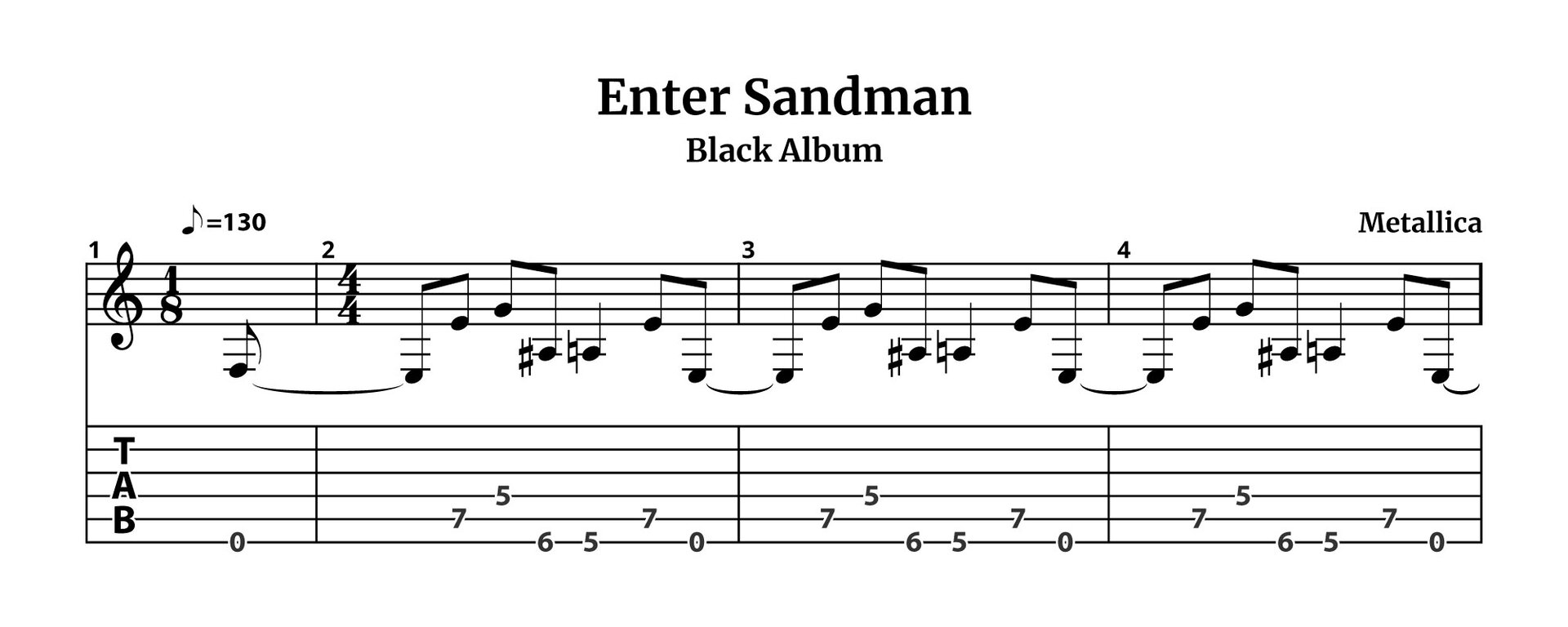 Grafika przedstawia zapis nutowy oraz tabulaturę do utworu „Enter Sandman” zespołu Metallica. Kompozycja ma oznaczenie tempa; w jednej minucie utworu powinno się zmieścić sto trzydzieści ósemek. Utwór zaczyna się od dodanego taktu w metrum jedna ósma. Grana jest w nim pusta struna szósta – ósemka e. Dźwięk jest przedłużony o kolejną ósemkę, przechodząc na pierwszą miarę kolejnego taktu, w którym metrum zmienia się na cztery czwarte. Na „i” między pierwszą a drugą miarą grana jest ósemka e na siódmym progu na piątej strunie, następnie na druga miarę ósemka g na piątym progu na strunie czwartej, a później ósemka ais na szóstym progu na szóstej strunie. Na trzecią miarę grana jest ćwierćnuta a na piątym progu na szóstej strunie, następnie na miarę czwartą dwie ósemki: najpierw e na siódmym progu na strunie piątej, a następnie ósemka e na pustej strunie szóstej. Ostatni dźwięk ponownie jest przedłużany na kolejny, trzeci takt. Następnie na „i” między pierwszą a drugą miarą grana jest ósemka e na siódmym progu na piątej strunie, następnie na druga miarę ósemka g na piątym progu na strunie czwartej, a później ósemka ais na szóstym progu na szóstej strunie. Na trzecią miarę grana jest ćwierćnuta a na piątym progu na szóstej strunie, następnie na miarę czwartą dwie ósemki: najpierw e na siódmym progu na strunie piątej, a następnie ósemka e na pustej strunie szóstej. Ostatni dźwięk ponownie jest przedłużany na kolejny takt. Kolejny takt jest taki sam, jak poprzedni.