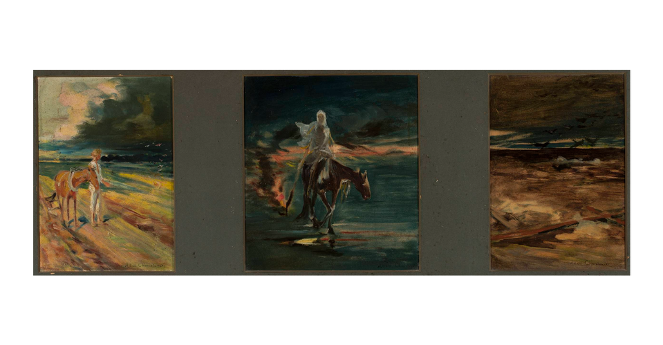 Obraz składa się z trzech części (tryptyk). Lewy panel ukazuje postać stojącą obok konia na otwartej przestrzeni, w scenerii o burzowym, niespokojnym niebie. Kolory są ciepłe, dominują żółcie i pomarańcze, kontrastujące z ciemniejszym niebem. Środkowy panel przedstawia postać na koniu, znajdującą się na tle nocnego krajobrazu. Prawy panel ukazuje  krajobraz z martwym ciałem i ptakami unoszącymi się nad nim. Scena jest ciemna, pełna brązów i czerni.