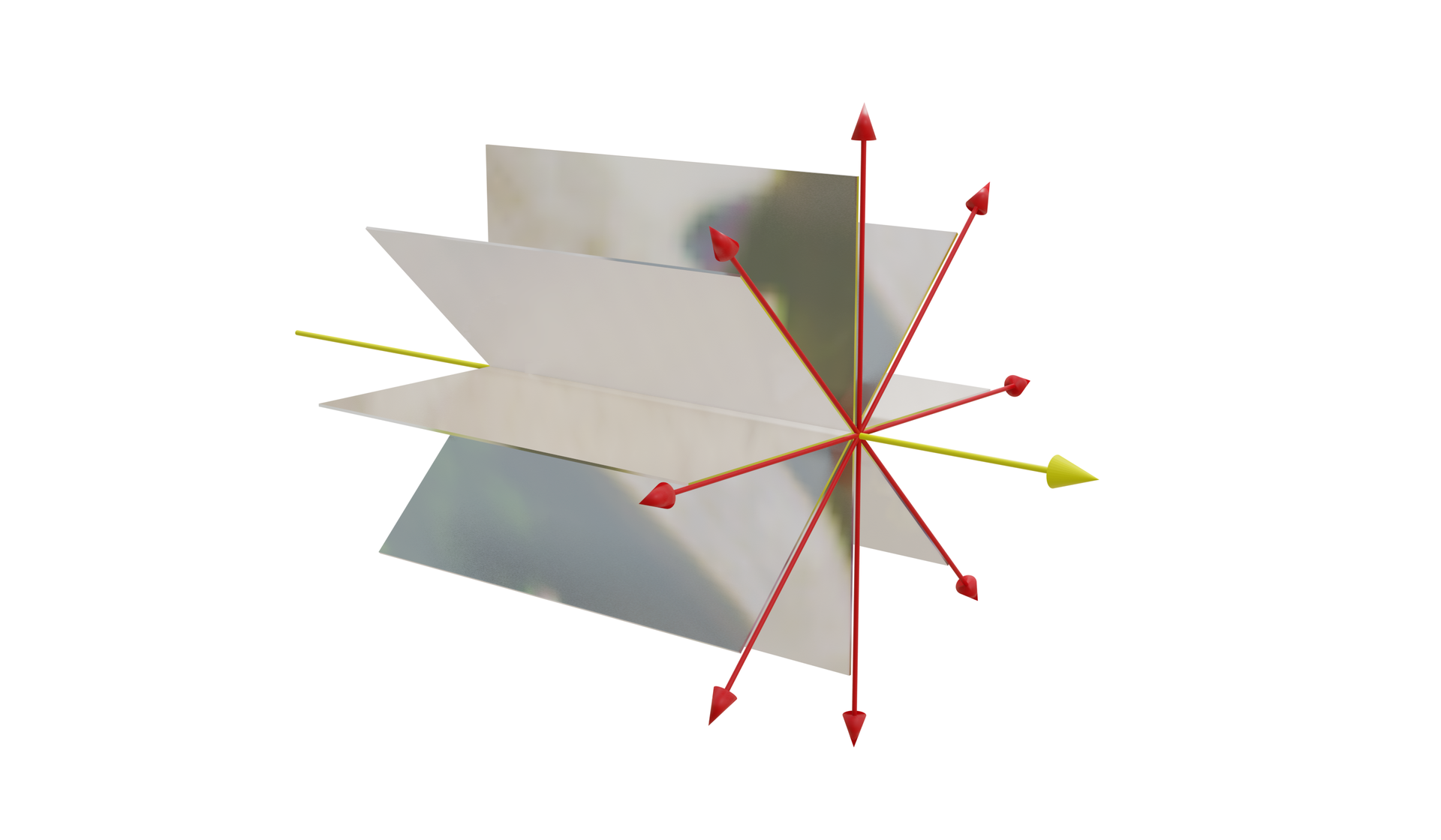 Na ilustracji są przecinające się w połowie długości wektory. Na każdym ramieniu wektora jest płaski prostokąt ilustrujący płaszczyznę drgań.  