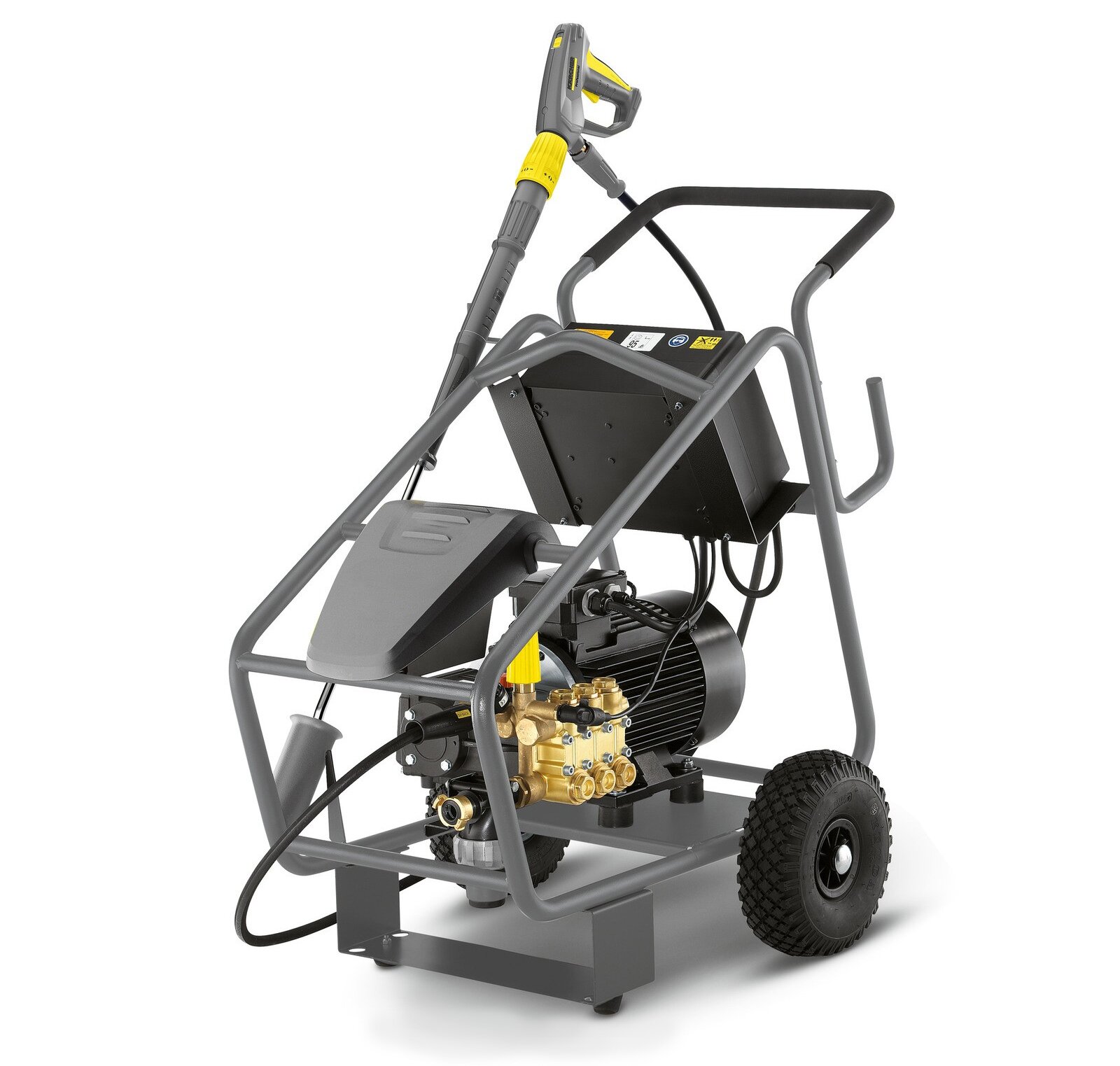 Zdjęcie przedstawia myjkę ciśnieniową. Wykorzystuje się ją do czyszczenia elewacji (wodą pod ciśnieniem). Ma ona specyficzny kształt. Urządzenie umieszczone jest na wózku z kołami. Od urządzenia odchodzi dysza.