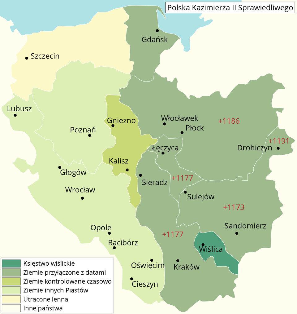 Mapa przedstawia Polskę za czasów Kazimierza drugiego Sprawiedliwego. Księstwo Wiślickie między Małopolską a ziemią sandomierską. Do księstwa do 1173 roku przyłączono ziemie sandomierską, w 1177 roku, ziemię Łęczycką i Małopolskę, w 1186 roku Mazowsze, w 1191 tereny wokół Drohiczyna. Później przyłączono również Pomorze Gdańskie. Obszary wokół Gniezna i Kalisza były kontrolowane czasowo. Śląsk oraz Wielkopolska były pod panowaniem innych książąt piastowskich. Pomorze zostało utraconym lennem.