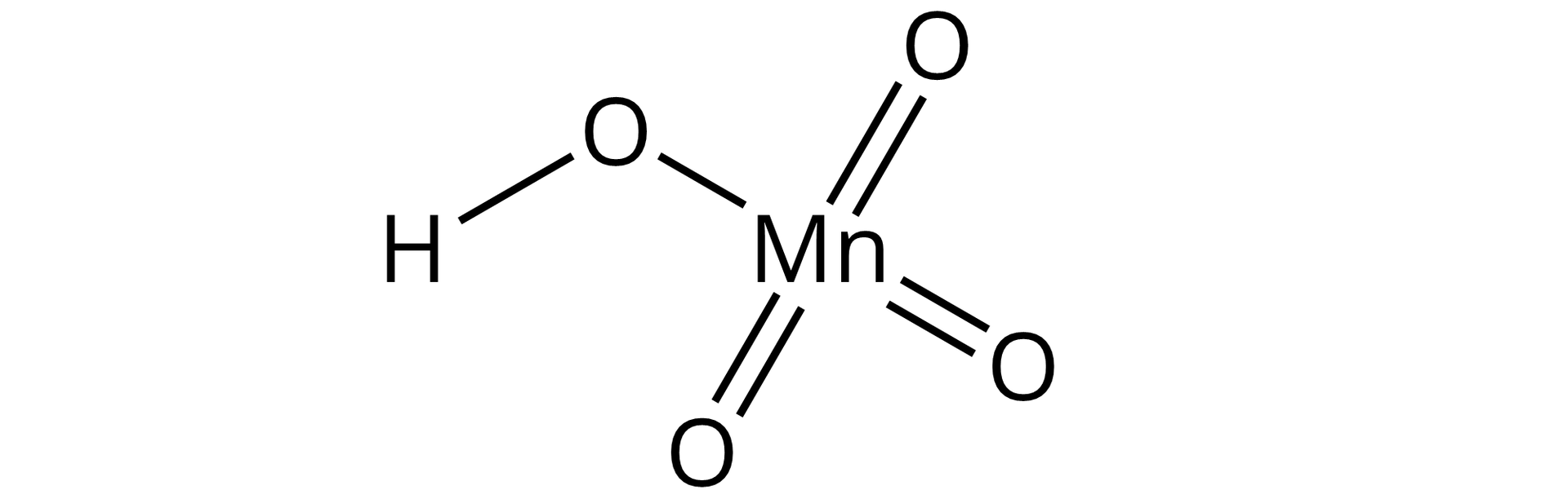 Ilustracja przedstawiająca cząsteczkę kwasu manganowego(<math aria‑label="siedem">VII) zbudowanego z atomu manganu połączonego za pomocą wiązań podwójnych z trzema atomami tlenu oraz za pomocą wiązania pojedynczego z grupą hydroksylową —OH.