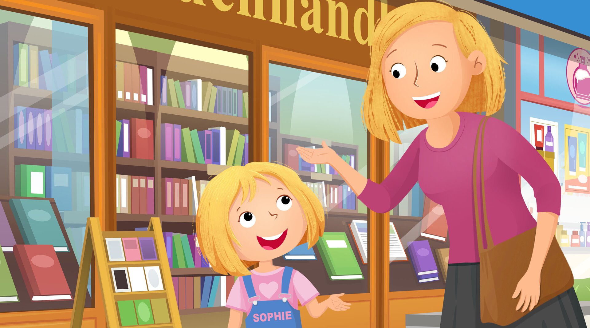 Ilustracja przedstawia dziewczynkę, Sophie i jej mamę. Stoją przed księgarnią. 
