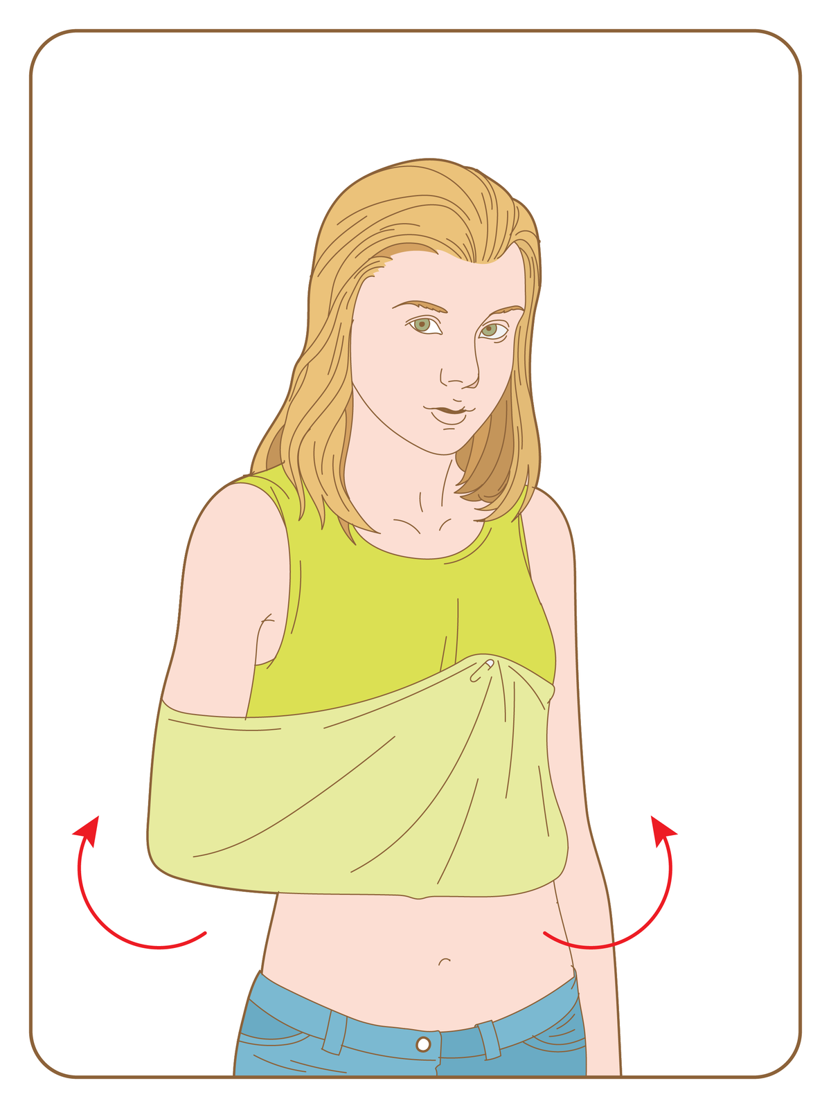 Rysunek przedstawia drugi etap unieruchamiania za pomocą ubrania poszkodowanego. Na ilustracji młoda dziewczyna stoi przodem do obserwatora, a jej prawa ręka jest zgięta w łokciu pod kątem dziewięćdziesięciu stopni, z przedramieniem poziomo na wysokości pasa. Dolna część podkoszulki zawinięta do góry, dwie czerwone strzałki w górę przy łokciu i dłoni wskazują kierunek zawijania. Dłoń, przedramię, łokieć i dolna część ramienia całkowicie schowane w tym zaimprowizowanym temblaku. Dolny koniec koszulki z okolic dłoni przypięty jest do materiału agrafką na wysokości klatki piersiowej.