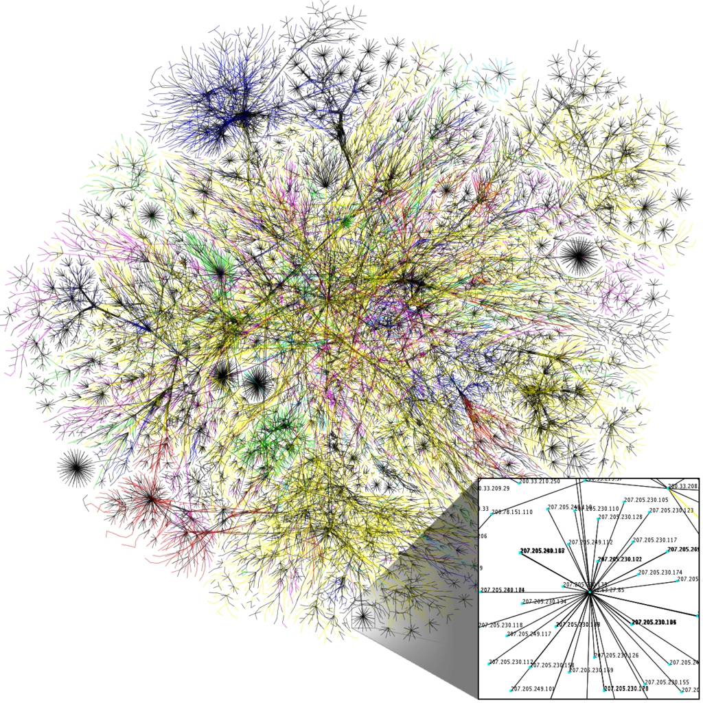 Ilustracja przedstawia rozległą sieć połączonych ze sobą linii. W prawym dolnym rogu ukazane jest zbliżenie na fragment sieci z liniami, przy których znajdują się ciągi cyfr.