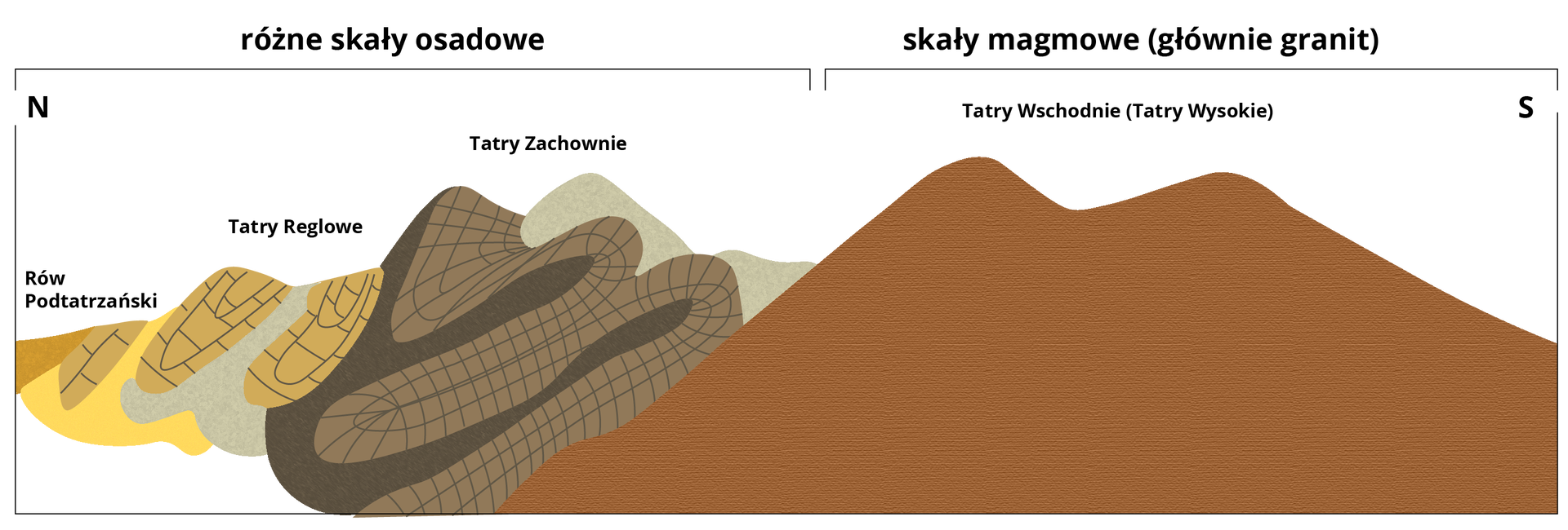 Ilustracja przedstawiająca zróżnicowanie skał na obszarze Tatr za pomocą przekroju z północy na południe. Kształt ilustracji jest poziomy, w lewym górnym rogu oznaczenie północy, w prawym górnym oznaczenie południa. Na północy znajdują się partie niższe, w stronę południa ich wysokość się zwiększa. Na początku znajduje się Rów Podtatrzański, następnie Tatry Reglowe i Tatry Zachodnie. Wszystkie trzy wymienione partie opisano u góry jako partie składające się z różnych skał osadowych, zajmują połowę szerokości przekroju. Na ilustracji tworzące je skały oznaczono różnymi kolorami i wzorami. Pozostałą część stanowią najwyższe Tatry Wschodnie (Tatry Wysokie). U góry opisane jako składające się ze skał magmowych (głównie z granitu). Oznaczone jednolitym, brązowym kolorem.