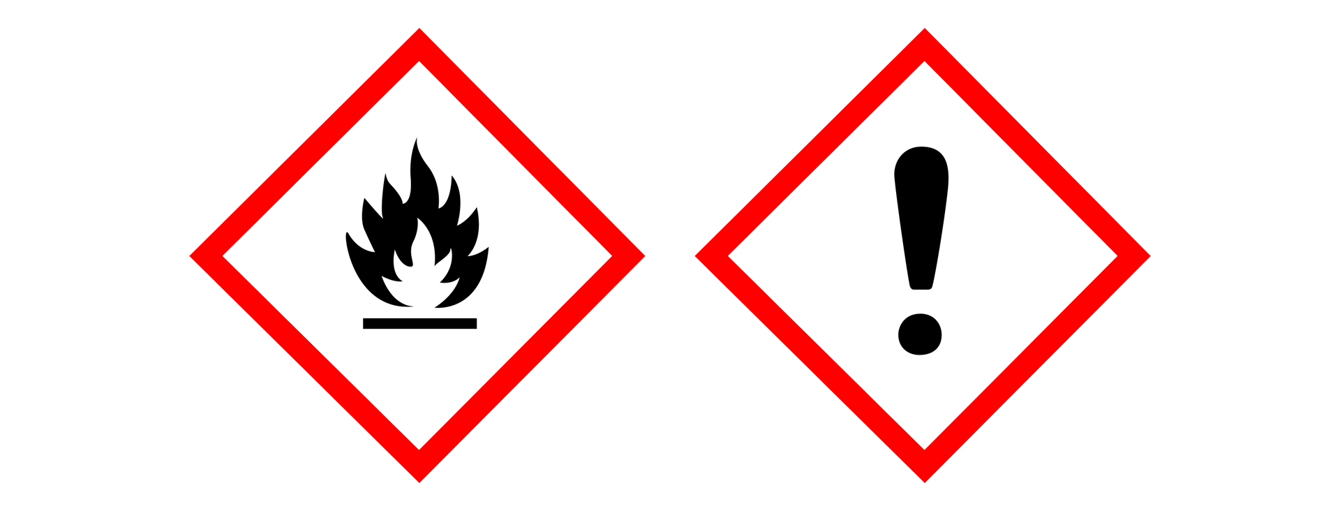 Grafika przedstawia dwa znaki w kształcie rombów ostrzegające o niebezpieczeństwie związanym z użyciem niektórych substancji chemicznych. Na znaku po lewej znajduje się symbol płomienia. Na znaku po prawej znajduje się symbol wykrzyknika.