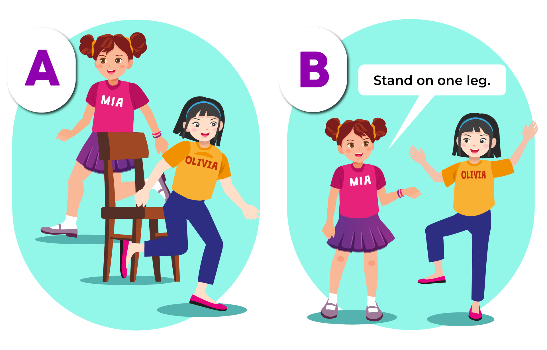 Ilustracja przedstawia dwie grafiki. Na grafice a dwie dziewczynki  Mia  i  Olivia  chodzą wkoło krzesła. Na grafice be  Mia  wydaje drugiej dziewczynce polecenie  Stand on one leg, które ta wykonuje.