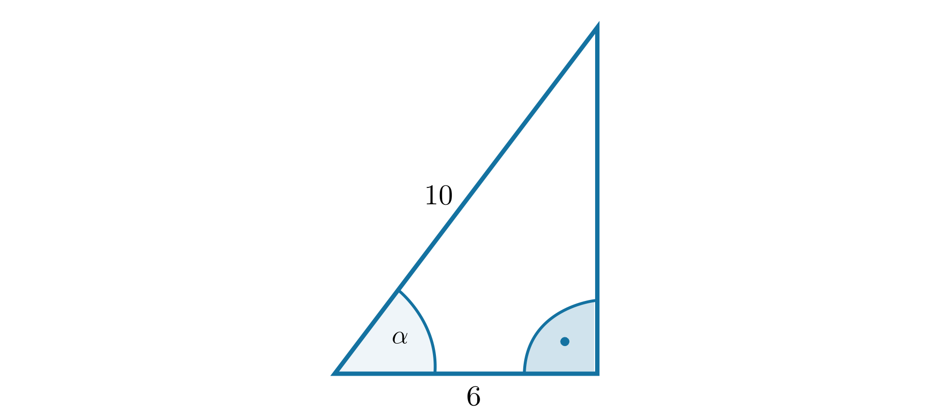 Rysunek trójkąta prostokątnego, którego jedna z przyprostokątnych ma długość 5, a przeciwprostokątna ma długość 10. Kąt ostry alfa leży naprzeciw dłuższej przyprostokątnej.
