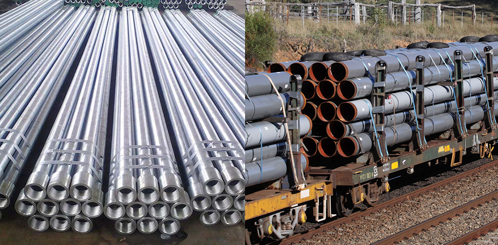 Grafika przedstawia dwa zdjęcia. Zdjęcie po lewej przedstawia magazynowanie rur stalowych. Są one ułożone jedna na drugiej w kliku rzędach. Zdjęcie po prawej przedstawia przewóz rur za pośrednictwem pociągu. Widać rury ułożone w kilku rzędach, przywiązane do otwartego wagonu pociągu.