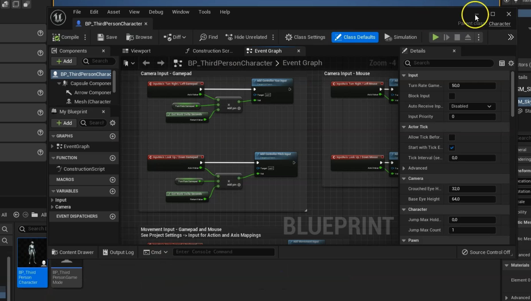 Zrzut ekranu przedstawia fragment blueprintu postaci. W program posiada paski narzędzi u góry, u dołu oraz po prawej i po lewej stronie. Po prawej wyświetla się pasek ze szczegółami, w tym z opcjami: Input, Actor Thick, Camera oraz Character. Na środku znajduje się pole, w którym wyświetla się otworzony projekt. 