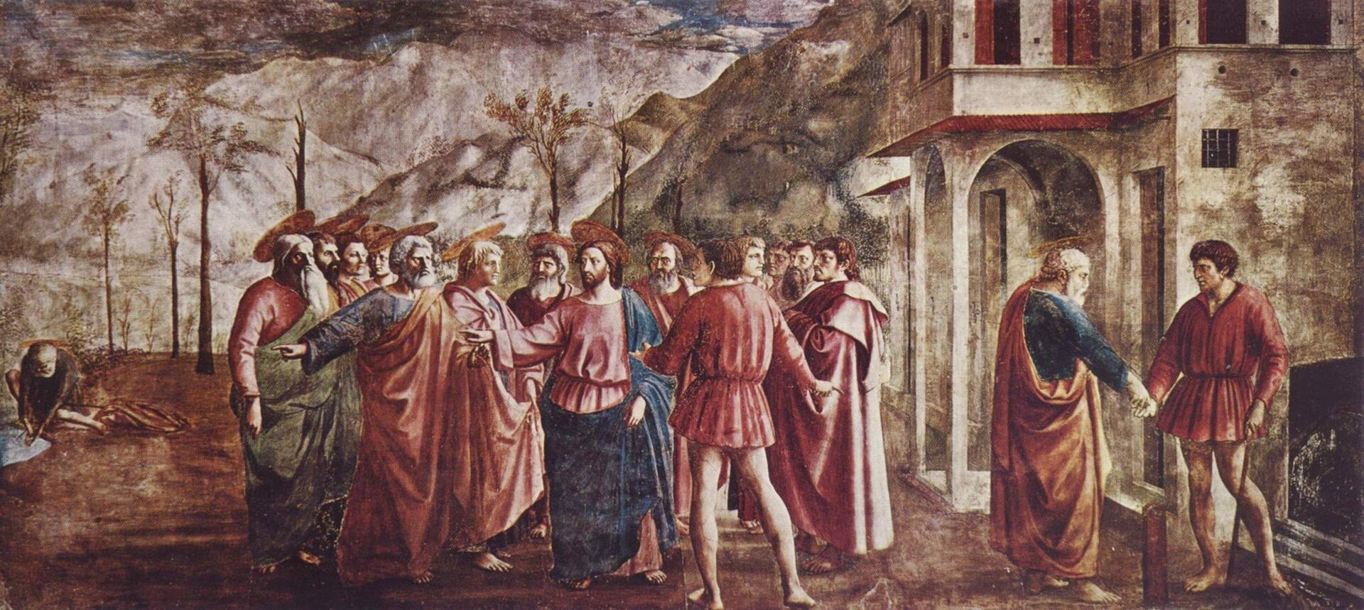 Ilustracja przedstawia obraz Masaccia „Grosz czynszowy”. Na obrazie widzimy kilkunastu rozmawiających mężczyzn. Ubrani są w kolorowe szaty. Obok znajdują się mury budynku. W tle widoczny jest krajobraz rozciągających się gór.