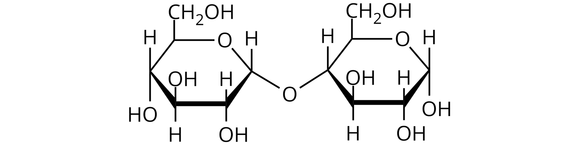 Ilustracja przedstawiająca dwa sześcioczłonowe pierścienie łączące się ze sobą za pośrednictwem atomu tlenu. Dwucukier zbudowany jest z dwóch cząsteczek D‑glukozy, które łączy wiązanie α-1,4-O-glikozydowe. Strukturę stanowi sześcioczłonowy pierścień glukozy, w którym pierwszy lokant stanowi atom węgla C 1 związany z atomem tlenu wbudowanym w tenże pierścień. Węgiel C 5 zamyka pierścień i łączy się ze wspomnianym atomem tlenu oraz węglem C 6, niewbudowanym w pierścień. Od węgla C 1 odchodzi w dół wiązanie łączące go z atomem tlenu, który to łączy się z węglem C 4 drugiego pierścienia D‑glukozy. Od węgli C 2 oraz C 4 odchodzą do dołu grupy hydroksylowe OH, zaś do góry od grupy C 3, grupa hydroksylowa odchodzi również od węgla C6. Drugi pierścień stanowi również cząsteczka D‑glukozy, którą stanowi sześcioczłonowy pierścień, który tworzą atomy węgla C1, C2, C3, C4 oraz C5, a także atom tlenu połączony z węglami o lokancie pierwszym i piątym. Od węgli C1 oraz C2 odchodzą w dół grupy hydroksylowe, od węgla C3 grupa hydroksylowa odchodzi w górę. Węgiel C4 łączy się w dół z atomem tlenu łączącym go z węglem C1 pierwszego pierścienia. Od węgla C5 do góry odchodzi grupa CH2OH. 