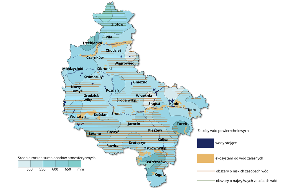 Mapa dotyczy zasobów wodnych województwa wielkopolskiego. Najmniejsze zasoby wodne rzędu są w rejonie Wrześni i Słupca, Wągrowca i na północ od Konina - wynoszą od 450 do 500 milimetrów. Najwyższe wartości są w rejonie Trzebianki (na północy województwa), Ostrzeszowa i Kępna (południe województwa), w rejonie Turku na południowym wschodzie i Leszna na południowym zachodzie. Zasoby wynoszą od 650 do 700 milimetrów. Na pozostałym obszarze województwa zasoby wynoszą od 500 do 650 milimetrów. Na mapie zaznaczono także między innymi wody stojące, są nieliczne, oraz ekosystem od wód zależnych - występuje przede wszystkim na północy, na południu, na wschodzie i zachodzie województwa.   