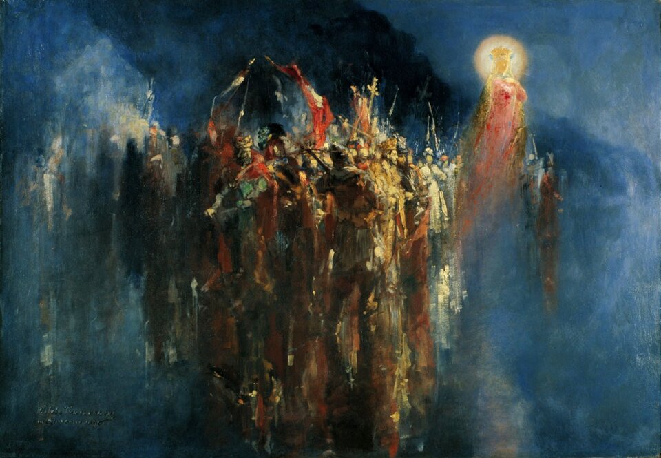 Obraz przedstawia w abstrakcyjny sposób tłum niewyraźnych ludzkich postaci unoszących się nad ziemią. Postacie trzymają w górze krzyż. Nieopodal nich unosi się postać Matki Boskiej w złotej koronie. Nad jej głową rozświetla się duża aureola.