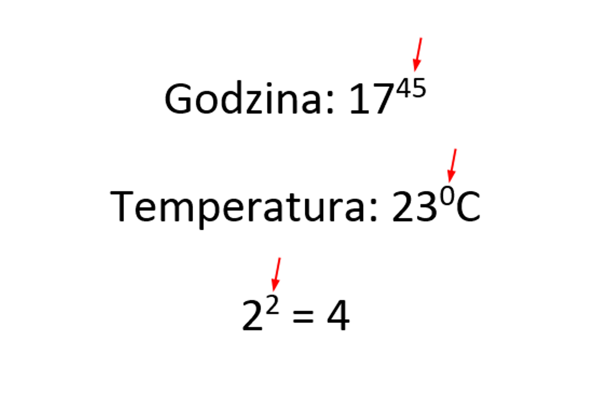 Zrzut dokumentu z pokazanymi przykładami wykorzystania indeksu górnego