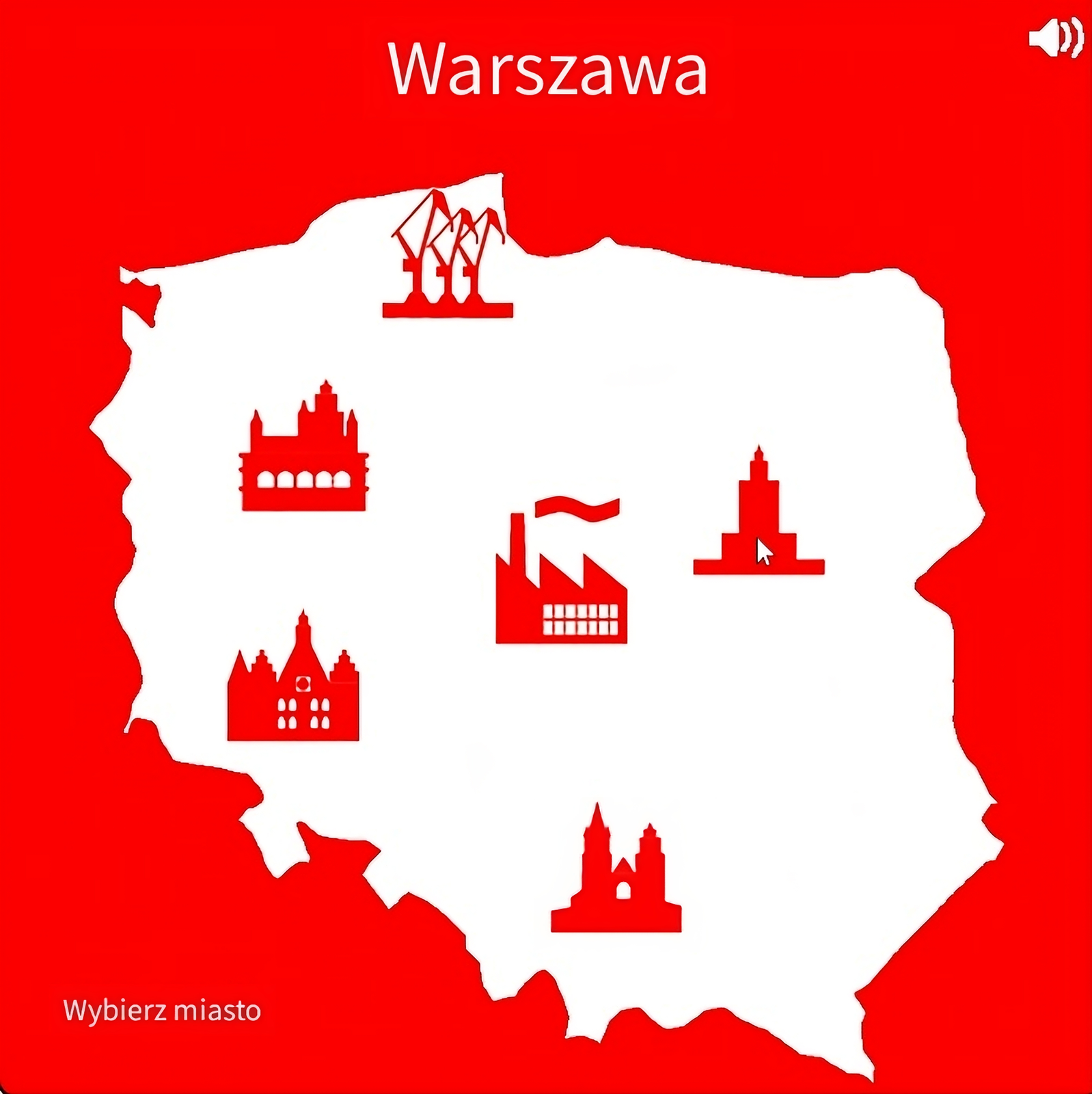 Ilustracja przedstawia białą mapę Polski na czerwonym tle. Na mapie umieszczone są czerwone zabytki. Miejsce położenia poszczególnego zabytku oznacza miasto, w którym się znajduje. W lewym dolnym rogu ilustracji znajduje się napis: wybierz miasto. Kursor myszki wskazuje na jeden z zabytków, Pałac Kultury i Nauki w Warszawie. Nad mapą znajduje się napis Warszawa.