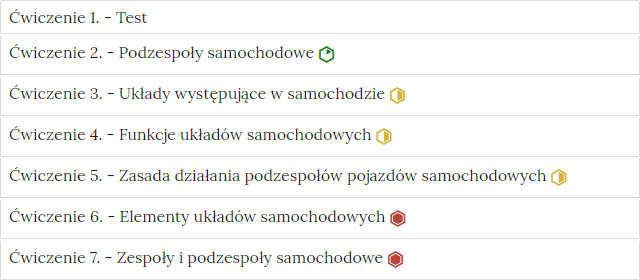 Zdjęcie przedstawia przykładowy wygląd zakładek zawierających interaktywne materiały sprawdzające. Składają się one z prostokątnych paneli umieszczonych jeden pod drugim. Każdy panel posiada numer oraz tytuł, który nawiązuje do zawartego w nim zadania.