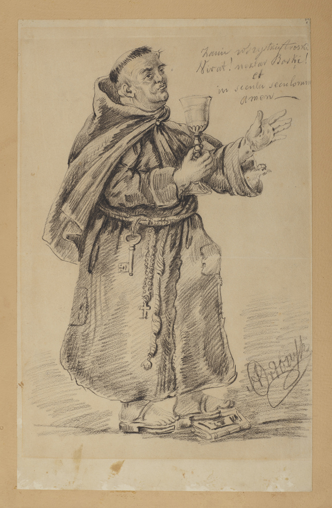 Rysunek przedstawia stojącego mnicha. Jest to otyły mężczyzna w sile wieku. Postać ukazuje prawy profil. Twarz mnicha jest okrągła, nalana. Ma on na głowie tonsurę. Jego czoło jest zmarszczone, brwi ciemne i grube. Ma on małe oczy i niewielki nos. Jego usta i podbródek są wydatne. Mnich jest ubrany w habit z kapturem opuszczonym na plecy. Jest obwiązany sznurem w pasie. Do sznura ma przymocowany klucz i różaniec. Unosi ręce, w prawej dłoni trzyma kielich. Na stopach ma drewniane sandały. Stoi na książce.